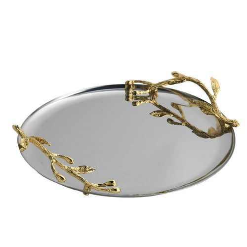 Stainless Steel Tray with Gilded Branch Accents Shallow Mirrored Metal Tray Metal Serving Platter for Homeowners, Entryway, Coffee Table
