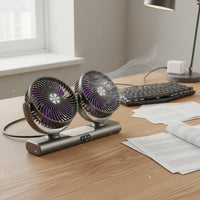 Multi-Functional Twin Head Fan Portable Rechargeable Table Fan 3-Speed Control Cooling Appliance Quiet Operation for Office, Kitchen, Bathroom