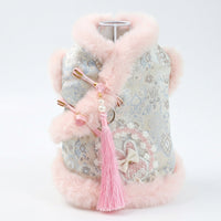 Pet Princess Dress with Hood, Ruffled Layered Small Dog Skirt, Warm Thick Pet Clothing, Dog Dress and Cat Party Outfit with fuzzy ball Bow