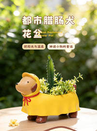 卡通趣味可爱腊肠犬多肉花盆树脂彩绘桌面盆栽花器阳台园艺容器