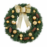 Christmas Wreath with Lights, PVC, Gold Bow and Pinecone, 60cm