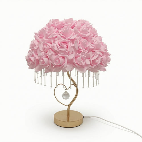 Romantic Heart Table Lamp with Rose Shade Floral Rose Lamp with Crystal Beads Decorative Warm Glow for Women, Girls, Bedroom, Nightstand, Living Room, Wedding