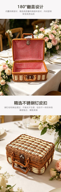 凰图工艺新款复古手工编织拼色收纳箱伴手礼手提箱手工便携藤编箱