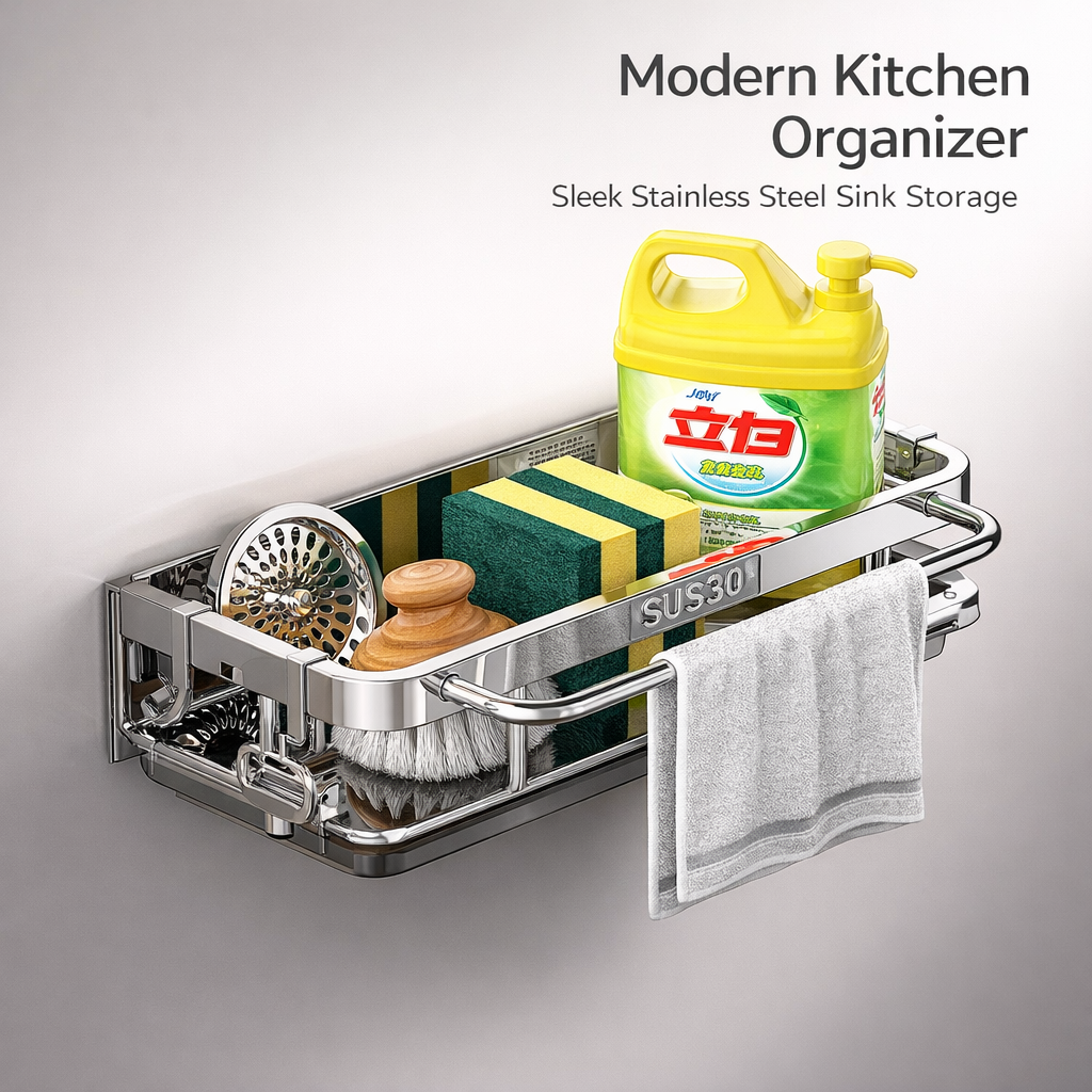 Bathroom Sink and Countertop Organizer for Students, Wall-Mounted No-Drill Stainless Steel Kitchen Shelf with Drainage Tray