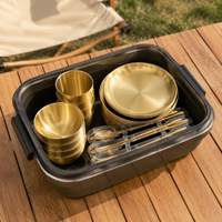 Camping Tableware, Family, Barbecue, For Families, Made of 304 Stainless Steel, Gold, Portable Tableware Set
