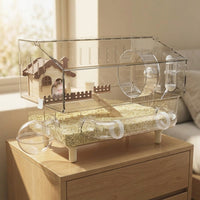 Acrylic Hamster Cage with Hamster Tunnel, Clear Hamster Cage 45cm for Dwarf Rodents, 360 Viewing Habitat with Removable Tray and 9 Accessories