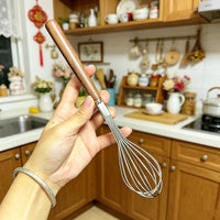 304 Stainless Steel Manual Egg Beater Whisk with Walnut Wood Handle for Home Baking