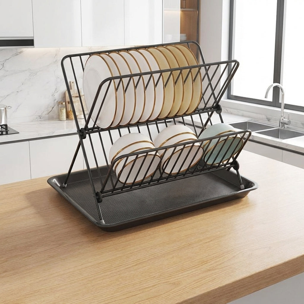 Dish Drying Rack and Drainer Rack, Foldable X-Shaped Carbon Steel Dish Drainer, Space-Saving Dish Rack with Drip Tray for Modern Kitchen Counter