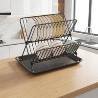 Dish Drying Rack and Drainer Rack, Foldable X-Shaped Carbon Steel Dish Drainer, Space-Saving Dish Rack with Drip Tray for Modern Kitchen Counter