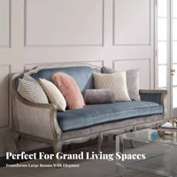 Distressed Finish Carved Frame 3-Seater Sofa Vintage and design Upholstered Couch and Armchair Set Luxurious design living Room Seating Wooden Legs for Luxury Buyers, Interior Designers, Hotel Lobby, Reception Hall, Lounge, Apartment