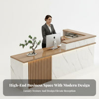 L-Shaped Front Counter High-Gloss Varnished Finish Commercial Cashier Desk Sturdy Construction L-Shaped Reception Desk for Receptionists, Lobby