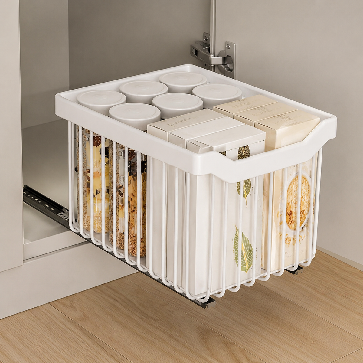 Extendable Kitchen Cabinet Basket, White Kitchen Organizer Drawer made of Carbon Metal, Smooth-Gliding Under Sink Basket No Drilling Needed, for Dishes & Pans
