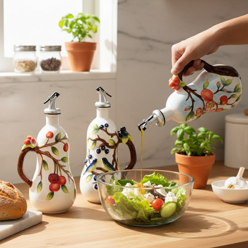 Hand-painted Ceramic Condiment Bottle with Floral and Fruit Patterns