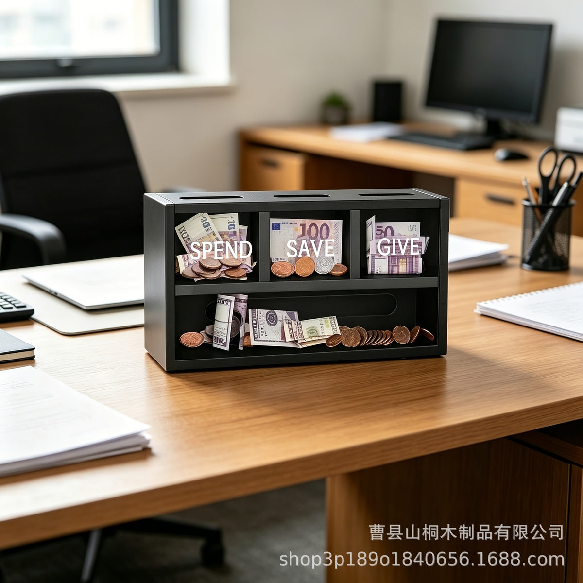 Wooden Coin and Cash Storage Box with Compartments