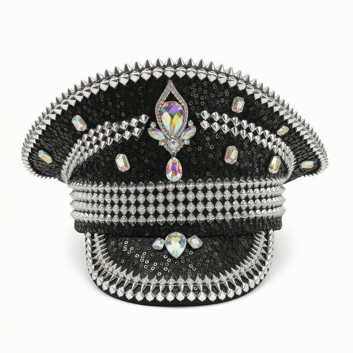 Peaked Hat Studded Sequin Hat with Rhinestones Punk Cap with Spikes for Partygoers, Stage Performances