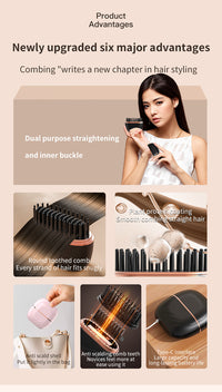 Cordless Mini Hair Straightener Brush with Heat Protection, 3 Heat Settings