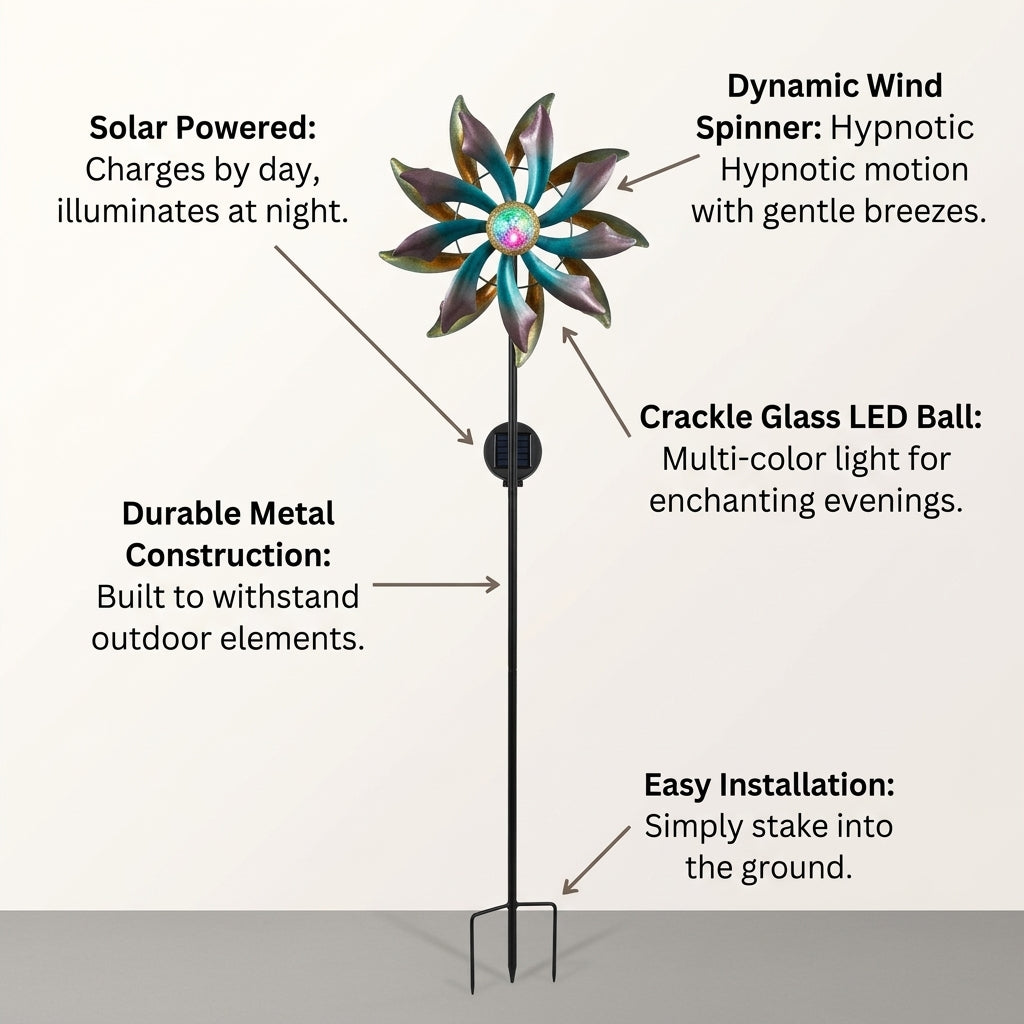 Solar Powered Metal Windmill Garden Decorations Outdoor with LED Glass Ball, Pathway Lighting for Patio Lawn Yard, Waterproof IP65