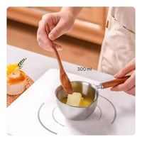Double Pour Spouts Hot Oil Pouring Pot Wooden Handle Butter Warmer with Spout Multi-Purpose Small Milk Pan Hanging Loop for Home Cooks