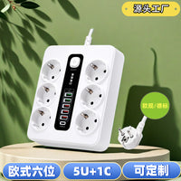 Power Strip with 6 Outlets, 5 USB Ports and 1 Type-C, 12-in-1, EU Standard