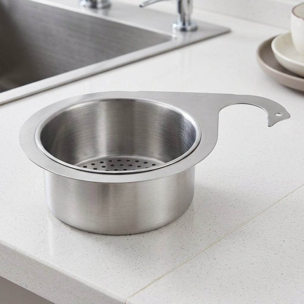 Kitchen Sink Colander Stainless Steel Drain Basket, Hanging Drain Rack Sink Organiser, Stainless Steel 201 Compact Sink Basket with Circular Holes