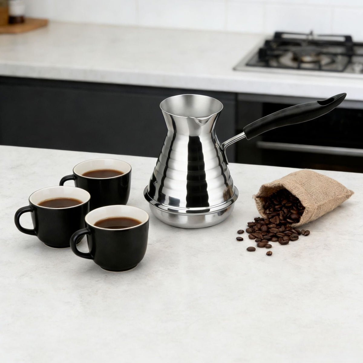 Stainless Steel Turkish Coffee Cup with Milk Frother and Latte Art Pitcher, Induction Compatible