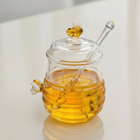 Wide Mouth Honey Jar with Dipper Ribbed Honey Jar with Lid Clear Glassware Transparent for Tea Station, Breakfast Table