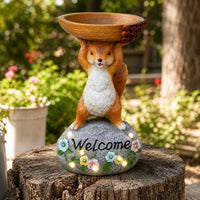 Outdoor Garden Squirrel Bird Feeder Statue with Solar Light, Resin Animal Sculpture for Patio and Yard Decor