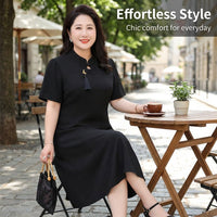 Plus Size Midi Dress with Frog Buttons and Three Quarter Sleeves for Office Wear, Stretch Blend in Flared Silhouette, Fit up to 8XL