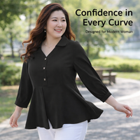 Ladies V-Neck Blouse with Three Quarter Sleeves, Plus Size Womens Blouses with Waist Cinching Design for Work Wear