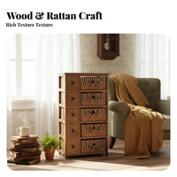 Rustic design Narrow Wicker Drawer Tower Multi-Functional Chest of Drawers Space-Saving Storage Cabinet Woven Baskets for Apartment Dwellers, Homeowners, Students, Bedroom, Living Room, Entryway, Bathroom
