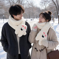 Cute Cartoon Plush Westie Dog / Cat Scarf & Gloves Set for Women, Thickened Warm Winter Accessories