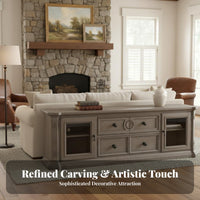 Multi-Functional Carved Oak TV Cabinet Glass Door Cabinets American Country Design Floor Cabinet Vintage Design Entertainment Center for Interior Design Enthusiasts, Homeowners, Families, Den, Bedroom, Home