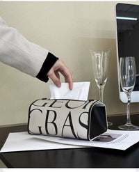 Textured Luxury Retro Pattern Tissue Box, Leather, Black and White