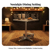 Folding Chair and Pedestal Table Utilitarian Look Square Table with 4 Chairs Retro Vintage lookSaving for Snack Bar, Food Court