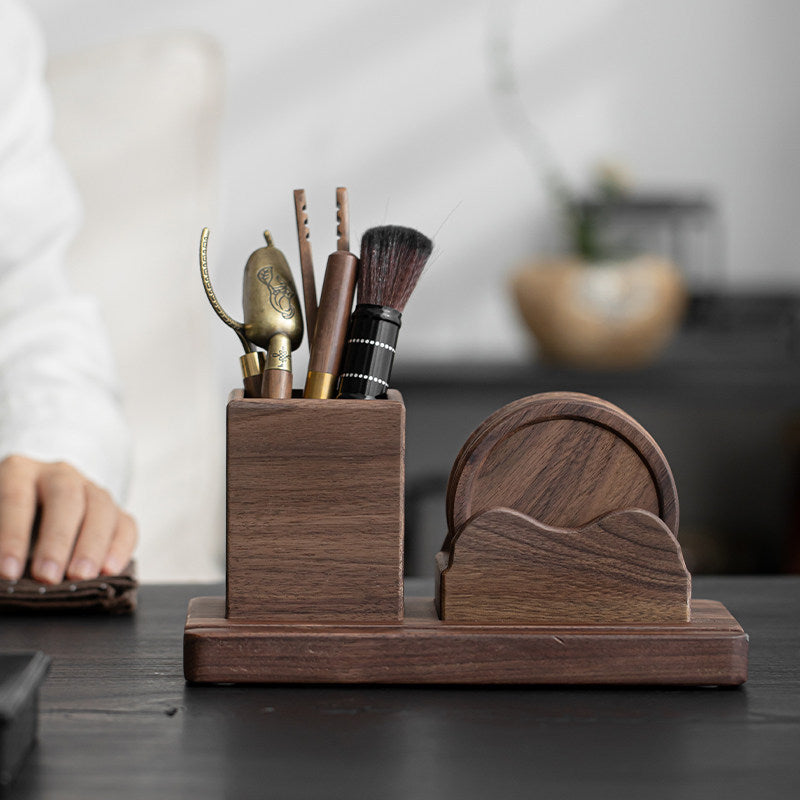 Walnut Wood Tea Set with Six Pieces and Coasters