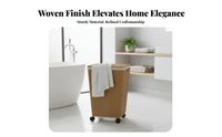 Wheeled Laundry Cart with Lid Faux Rattan Design Rolling Laundry Cart for Adults