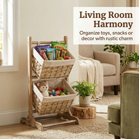 Wooden Ladder Shelf with Woven Baskets, Freestanding Organizer Bin for Book Storage, Toy Storage, Ho - Image 4