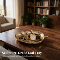 Gilded Foliage-Shaped Tray with Stem | Embossed Vein Detailing, Leaf Tray, for Vanity