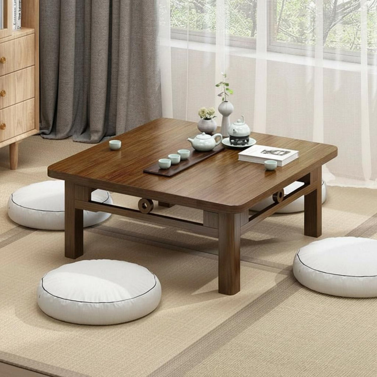 Sturdy Wood Square floor seating Table Low height Design Floor Desk Multi-Purpose Household Furniture Traditional design for Tea Lovers, Meditators, Bay opening, Living Room, Bedroom, Meditation Space
