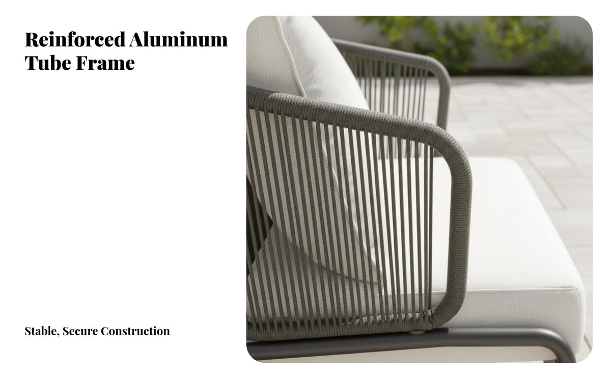 Includes Coffee Table 4-Piece Rope Weave Lounge Set Weather-Resistant 4-Piece Woven Seating collection Plush pads Conversation Group Easy Assembly for Hospitality Business Owners, Property Managers, Sunroom, Garden, Balcony, Courtyard