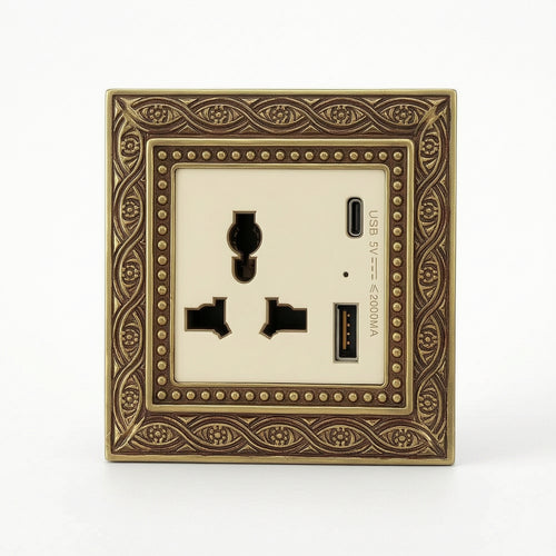 Vintage Switch Socket Panel Ornate Decorator Light Switch with Wall Plate Embossed Fitting Brass-Colored for Interior Designers, Homeowners, Living Room, Bedroom, Hotel, Renovation