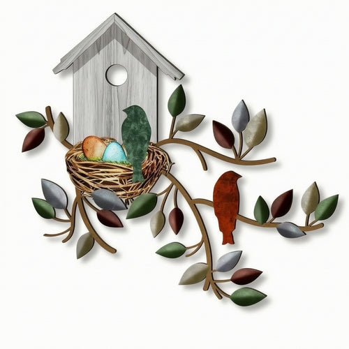 2D Metal Birdhouse Wall Art Flat Birdhouse Decoration with Bird Sturdy Metal Wall Decor for Entryway