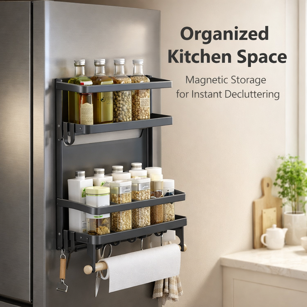 Fridge Organizer Wall Mount Shelf, Foldable Carbon Rack for Apartment & Dorm Room, Drill-Free Storage for Home Cooks, Multi-functional Organizers
