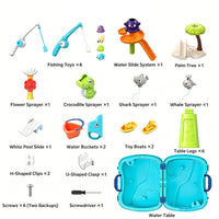 Children's Beach Table with Fishing and Outdoor Storage Briefcase, Water Play Basin Toy