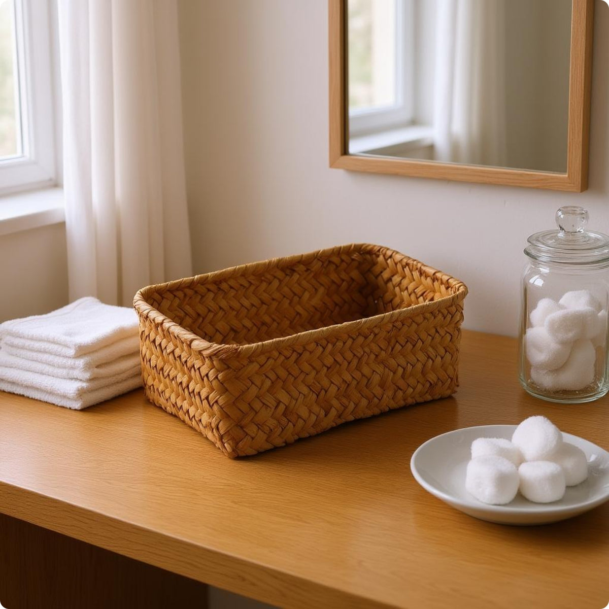 Rectangular Straw Basket Natural Tan Household Organizer Tabletop