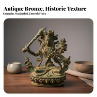 2 Pieces Manjushri and Guanyin Figurines Intricate Intricacies Green Patina Bodhisattva Statues Tibetan Bronze Statue Set