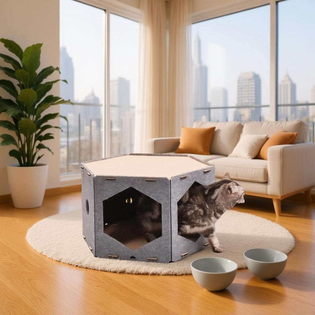 Hexagon Cat Climbing House, Modular Cat Condo, Fabric Wood