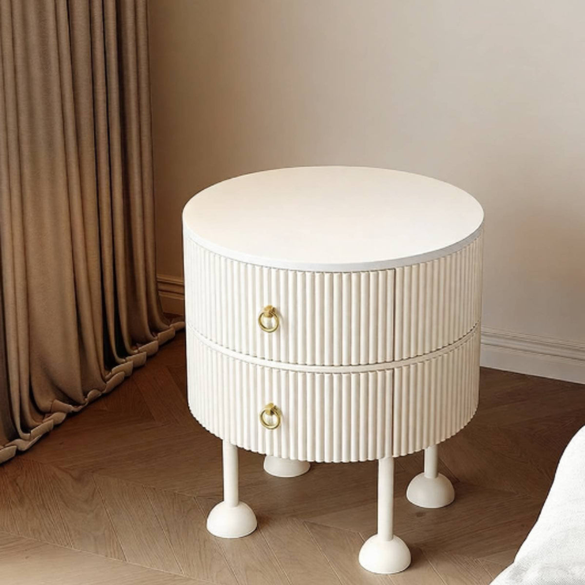 Fluted Drawer Nightstand Curved Corners Bedside Table Scratch-Resistant Top