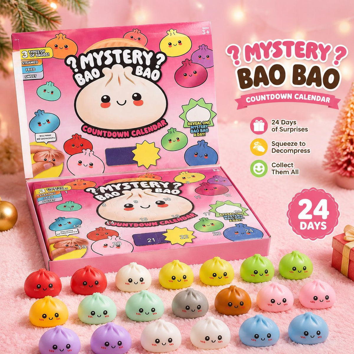 Baozi Squeeze Toy Christmas Advent Calendar Blind Box, Mini Soft Gel Stress Relief Toy for Adults