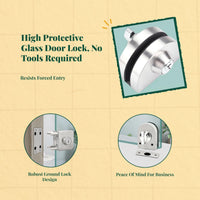 Glass Door Lock, no tools required, stainless steel sliding door security lock for office, shop, home, double or single doors, key unlock, easy installation, privacy protection